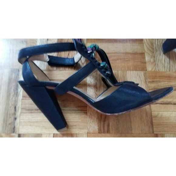 Hugo Boss strappy leather black w/ fringe leather high heels sandals shoes 38 8 - Picture 8 of 13